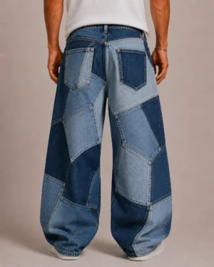 Patchwork baggy jeans back view with mixed denim panels