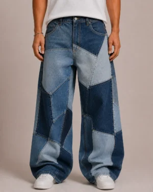 Patchwork baggy jeans front view with mixed denim panels