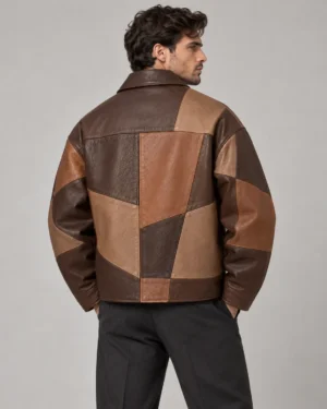 Patchwork leather jacket back view with mixed leather panels