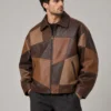 patchwork-leather-jacket-front Patchwork leather jacket front view with mixed brown panels