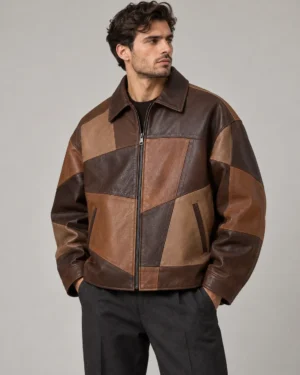 patchwork-leather-jacket-front Patchwork leather jacket front view with mixed brown panels