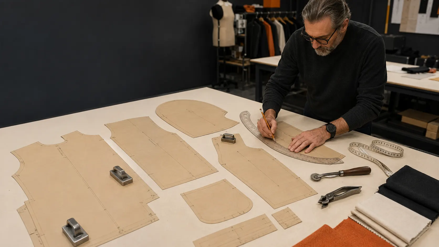 Professional pattern maker drafting garment pattern pieces on a clothing production table
