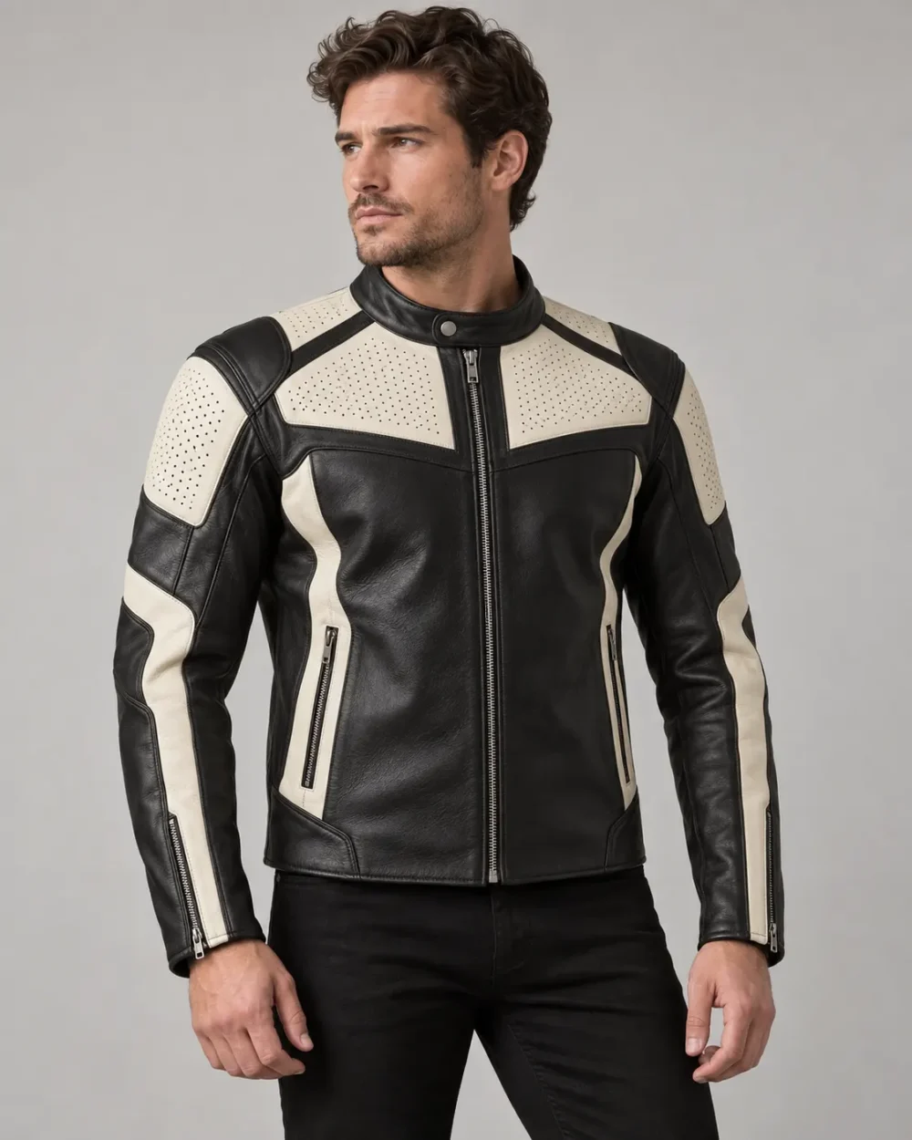 Perforated leather racing jacket front view