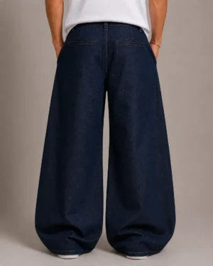 Pleated wide leg denim jeans back view