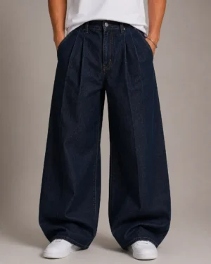 Pleated wide leg denim jeans front view