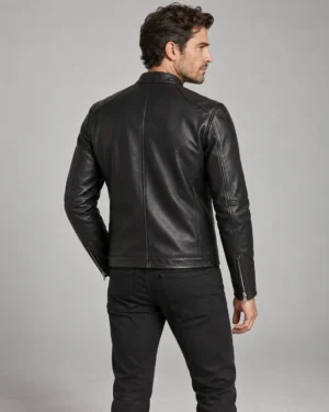Premium black lambskin café racer jacket back view