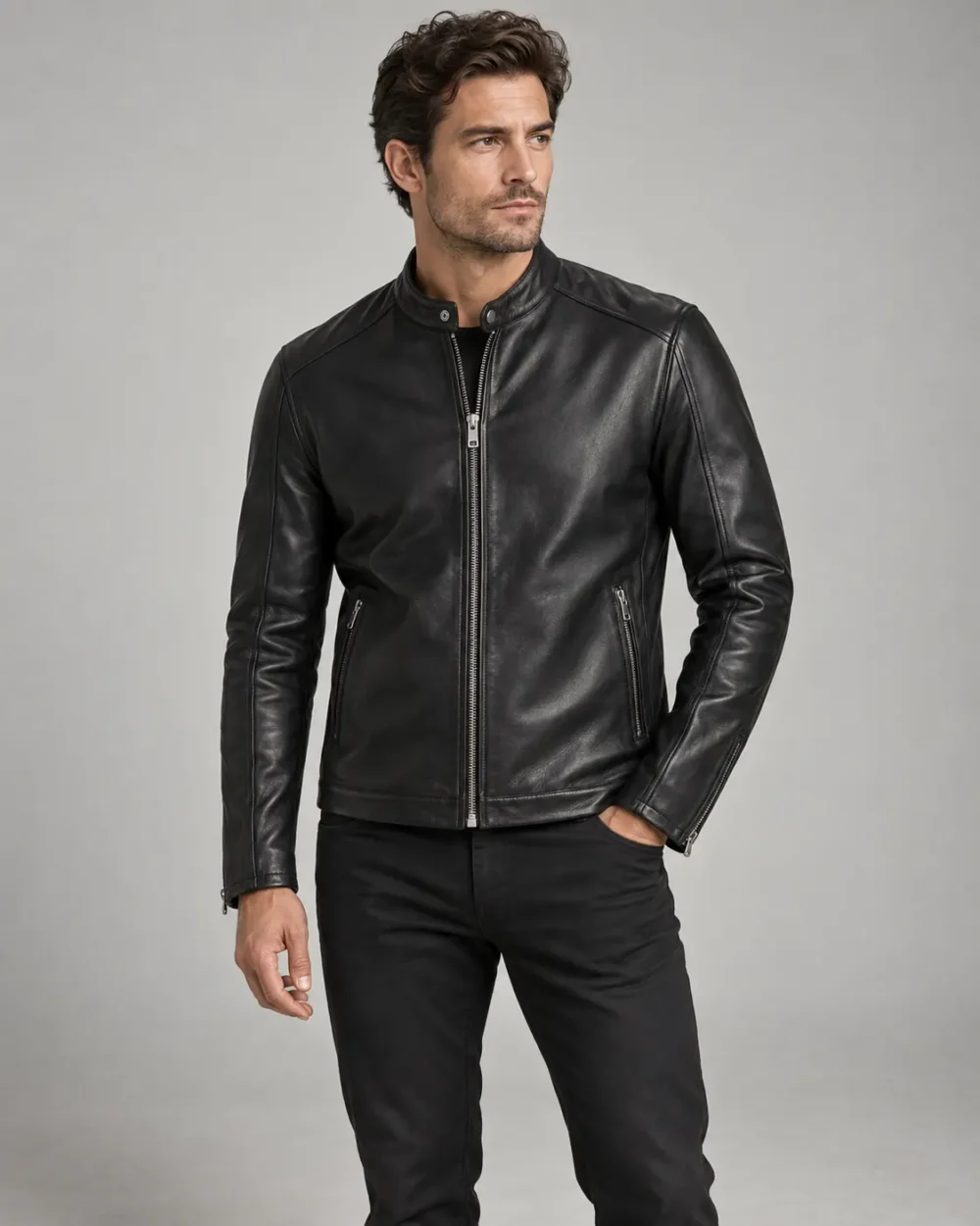 Premium black lambskin café racer jacket front view