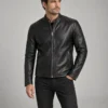 Premium black lambskin café racer jacket front view