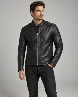 premium-lambskin-cafe-racer-jacket-front Premium black lambskin café racer jacket front view
