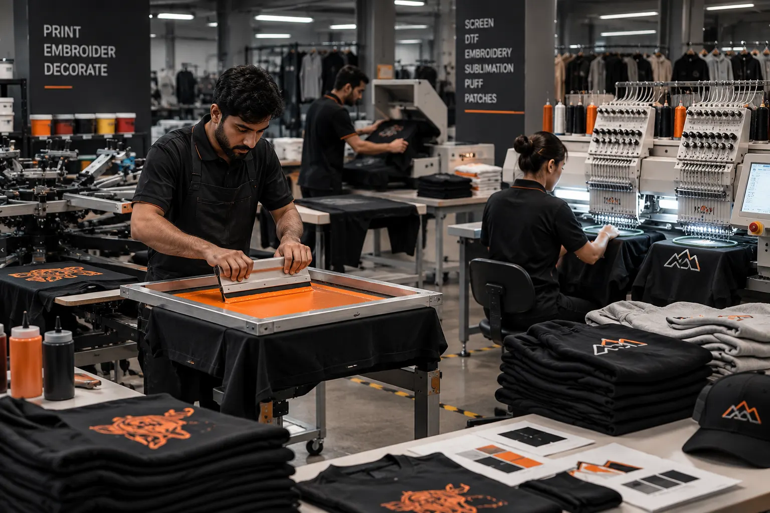 Printing and embroidery during clothing production