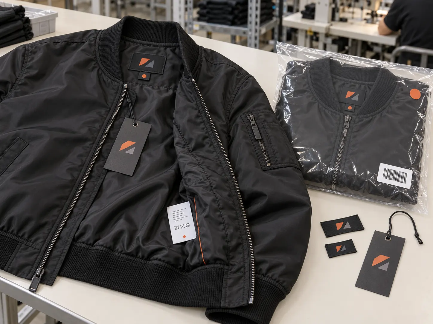 Private label bomber jacket woven labels hang tags and packaging