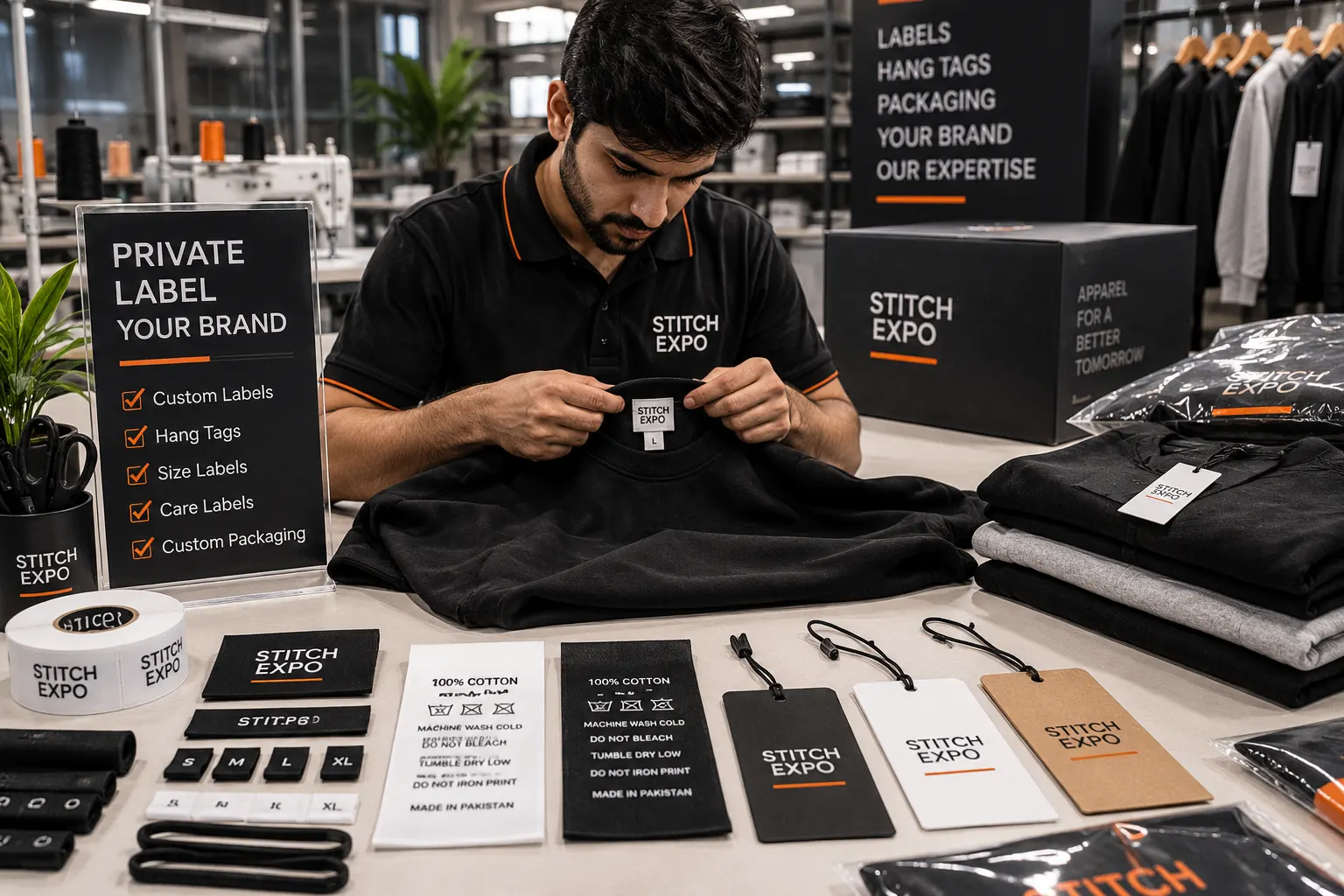 Private label clothing with custom garment labels and hang tags