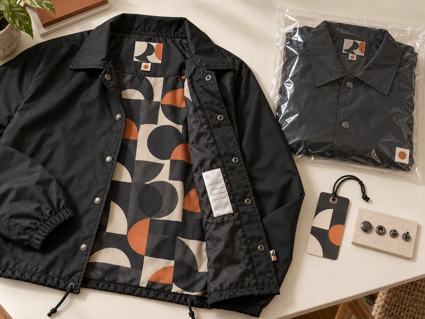 Private label coach jacket woven labels custom lining hang tags and packaging