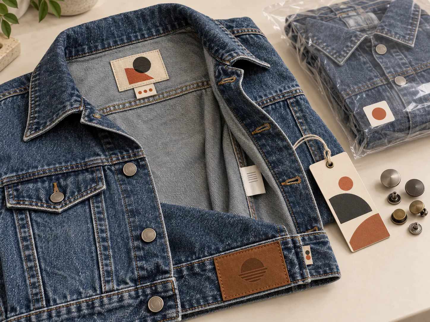 Private label denim jacket woven labels leather patch hang tags buttons and packaging