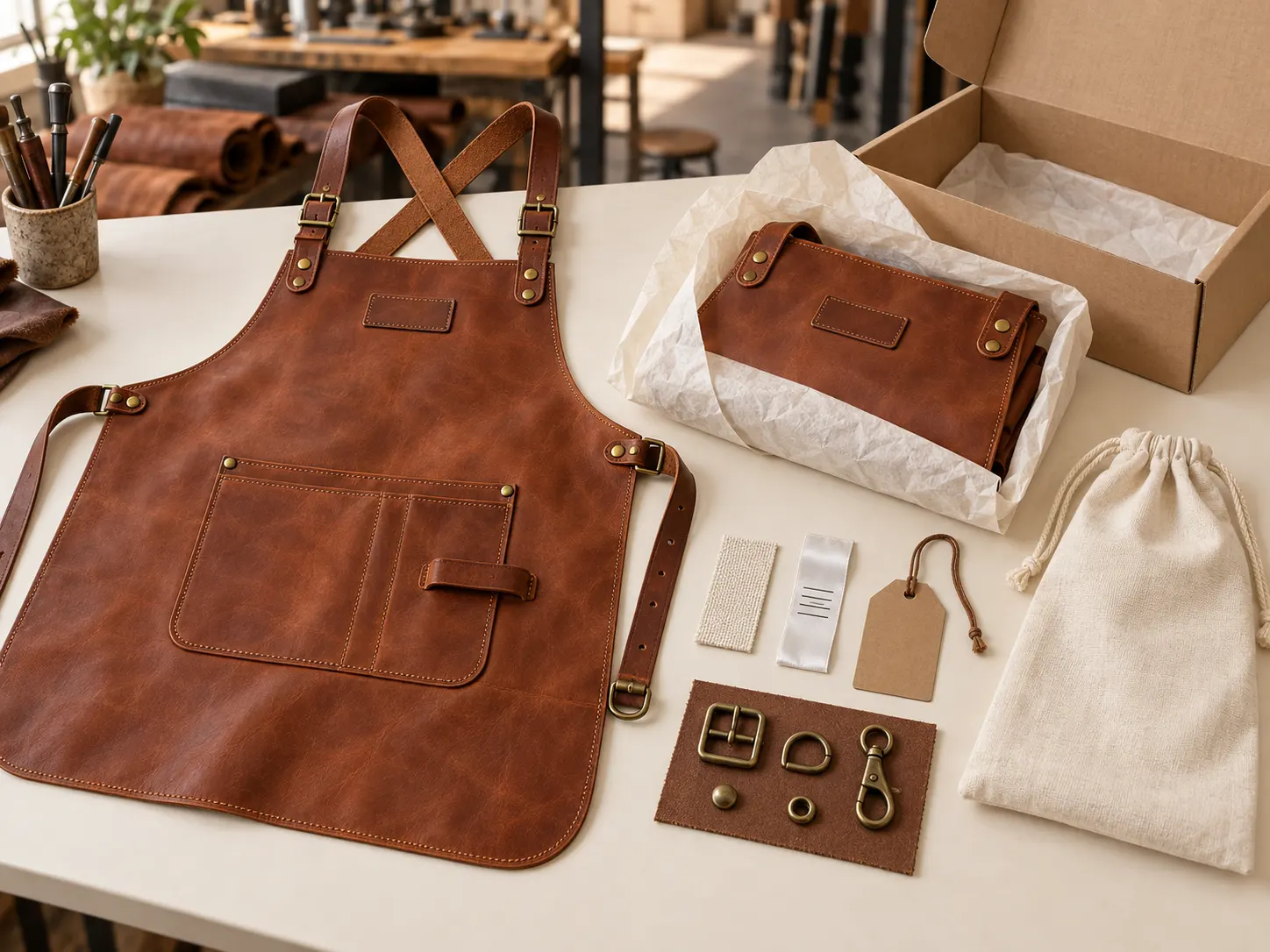 Private label leather apron embossed logo label hang tag hardware and packaging