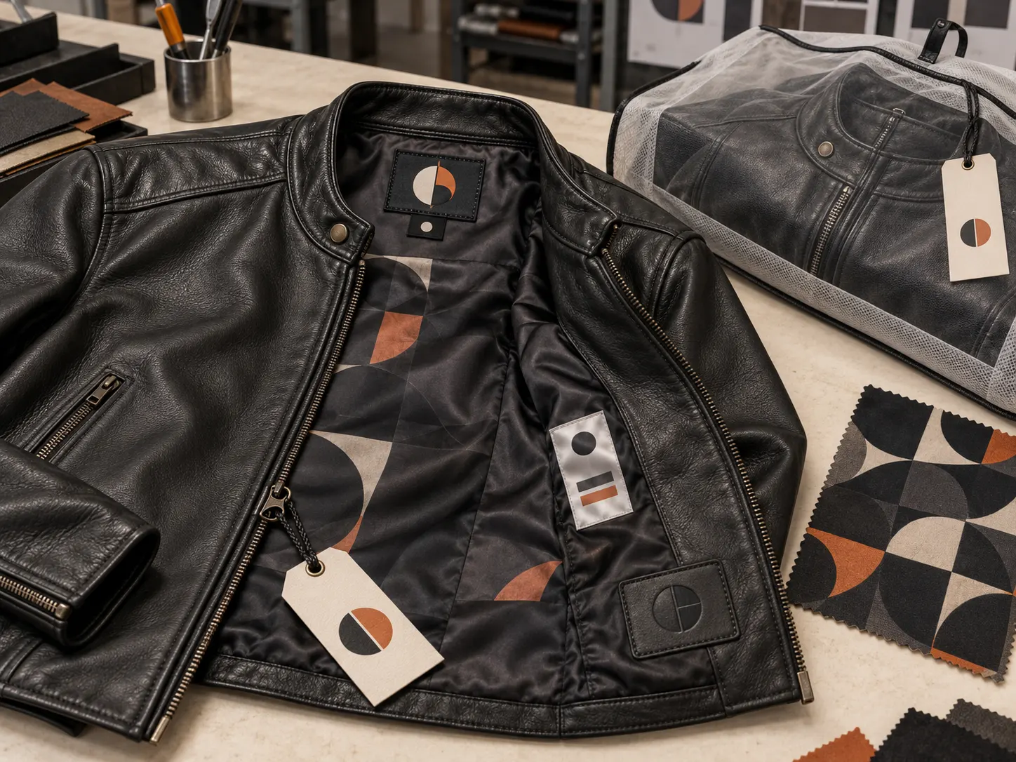 Private label leather jacket woven labels hang tags custom lining and packaging