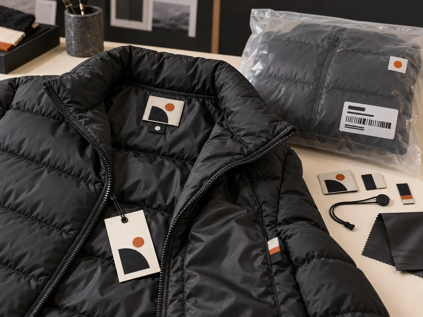 Private label puffer jacket labels hang tags and packaging