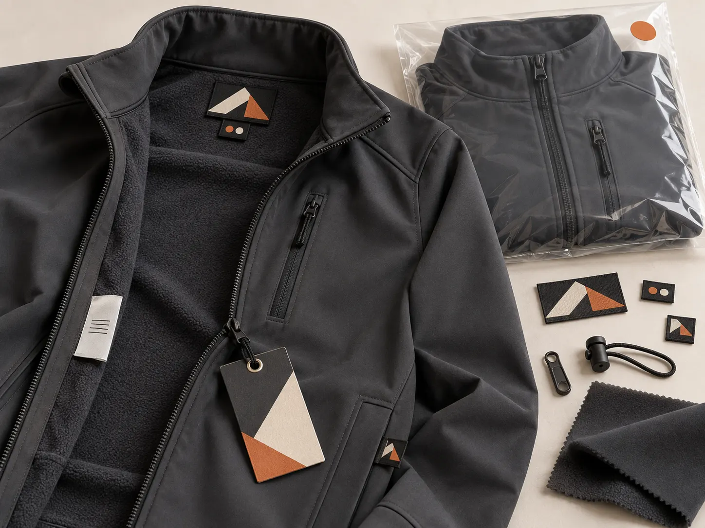 Private label softshell jacket woven labels hang tags zipper pulls and packaging