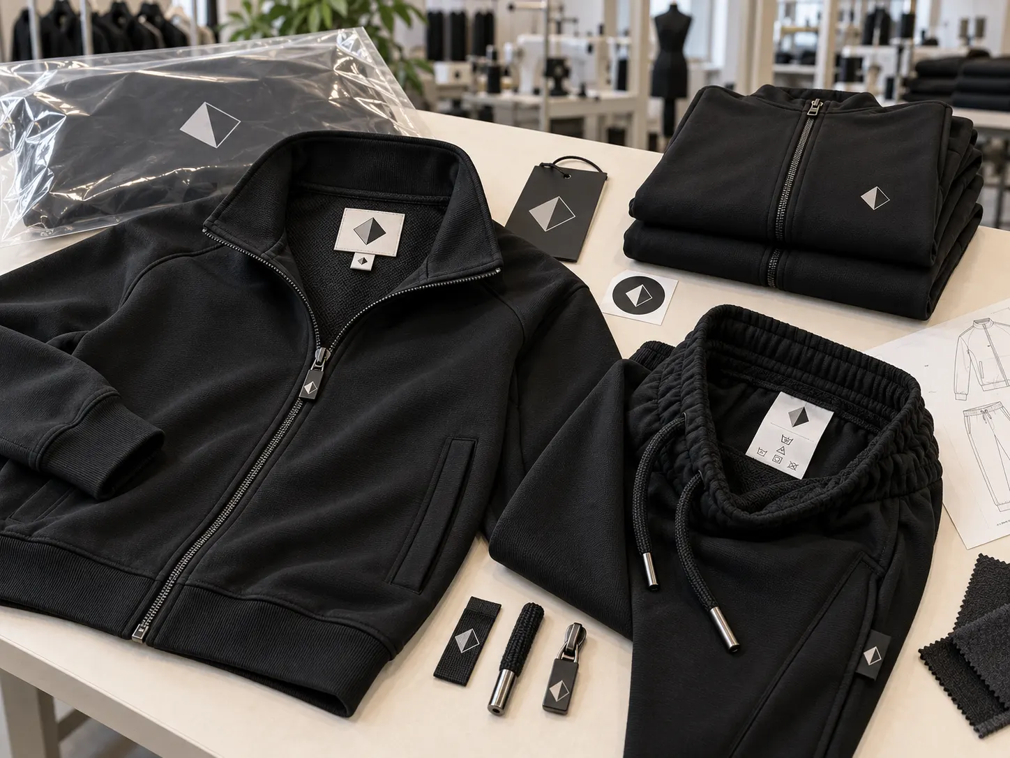 Private label custom tracksuit woven labels hang tags drawcords zipper pulls and packaging