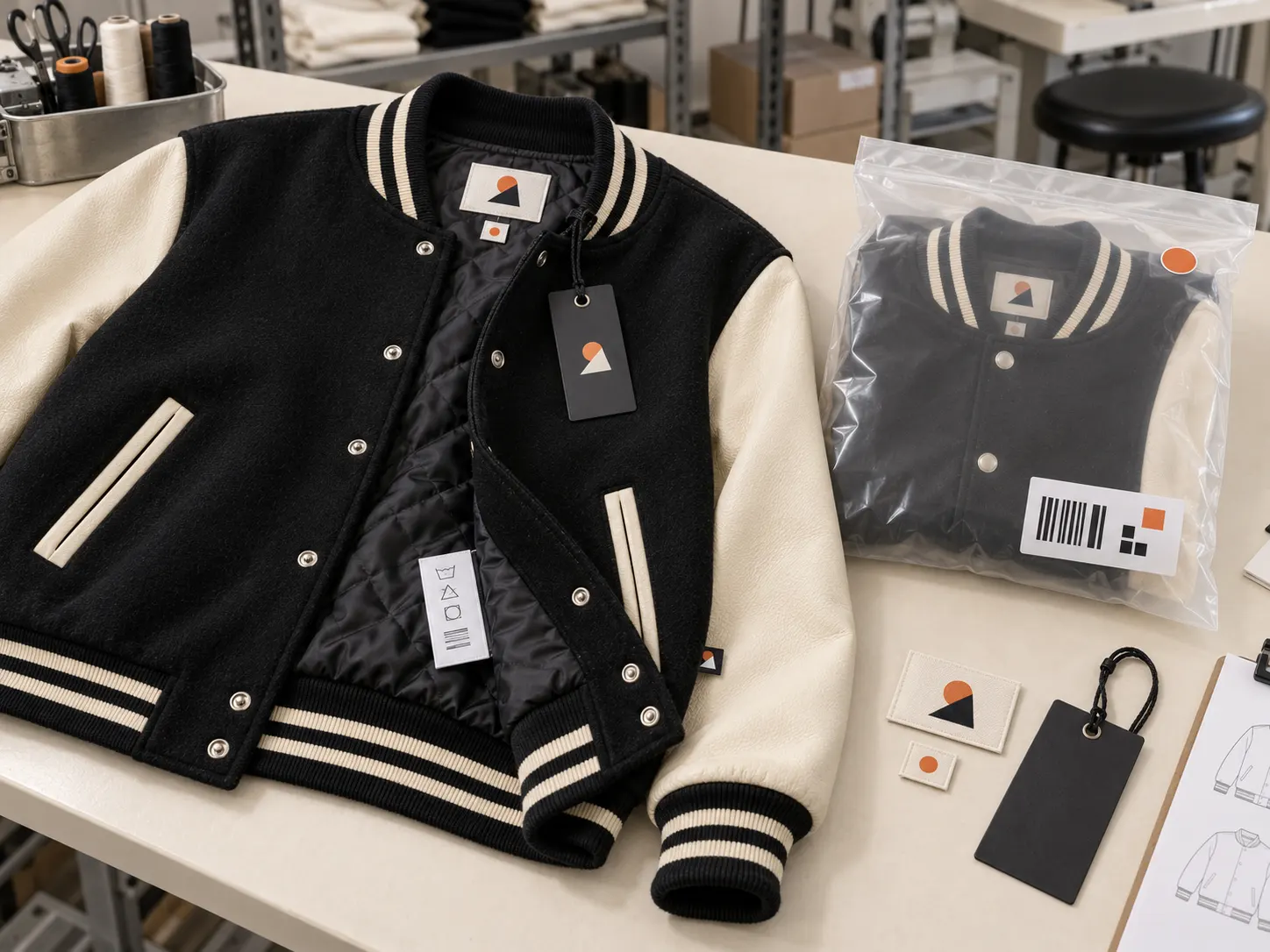 Private label varsity jacket labels hang tags and packaging