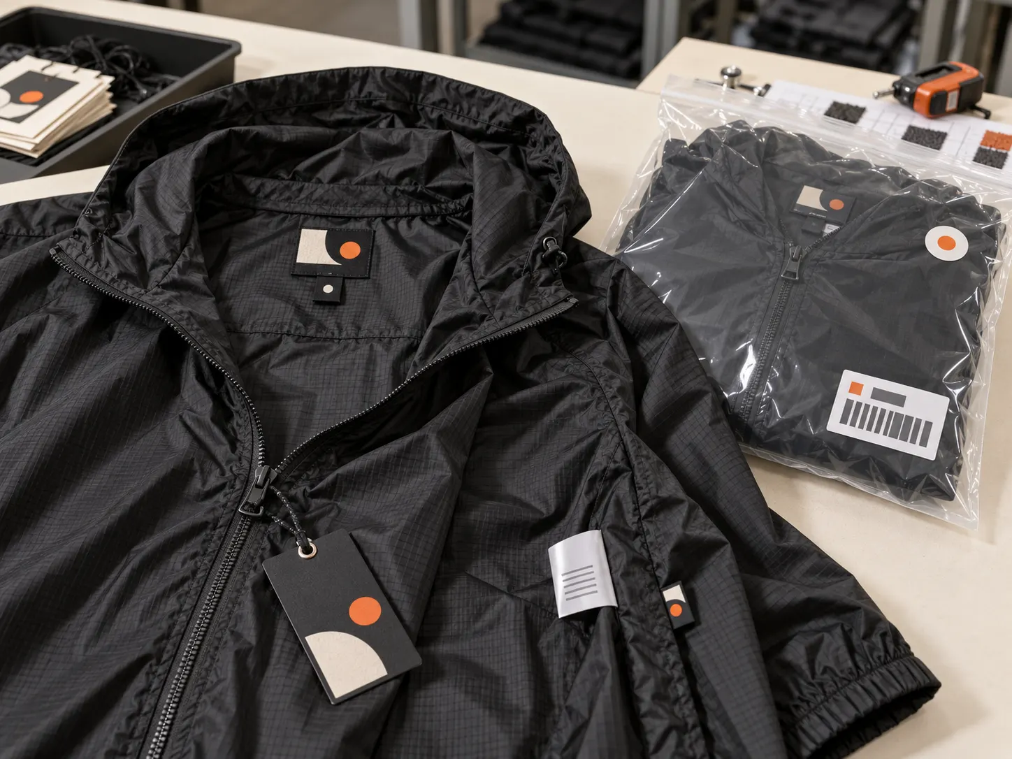 Private label windbreaker jacket woven labels hang tags and protective packaging