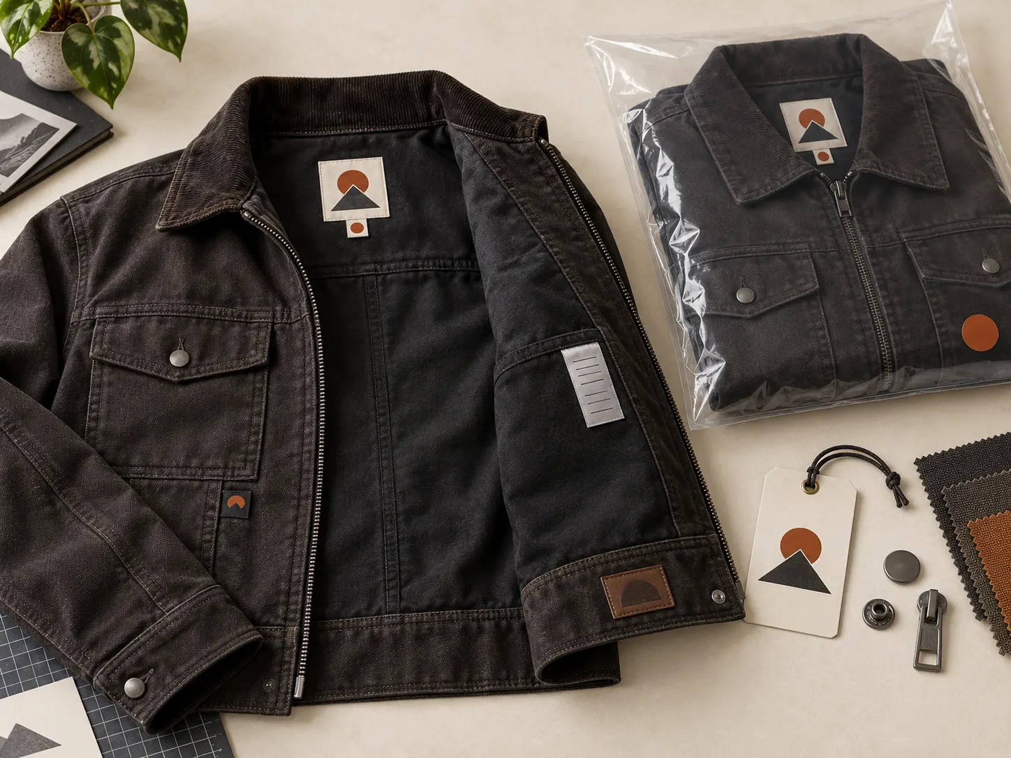 Private label workwear jacket woven labels patches hang tags and packaging