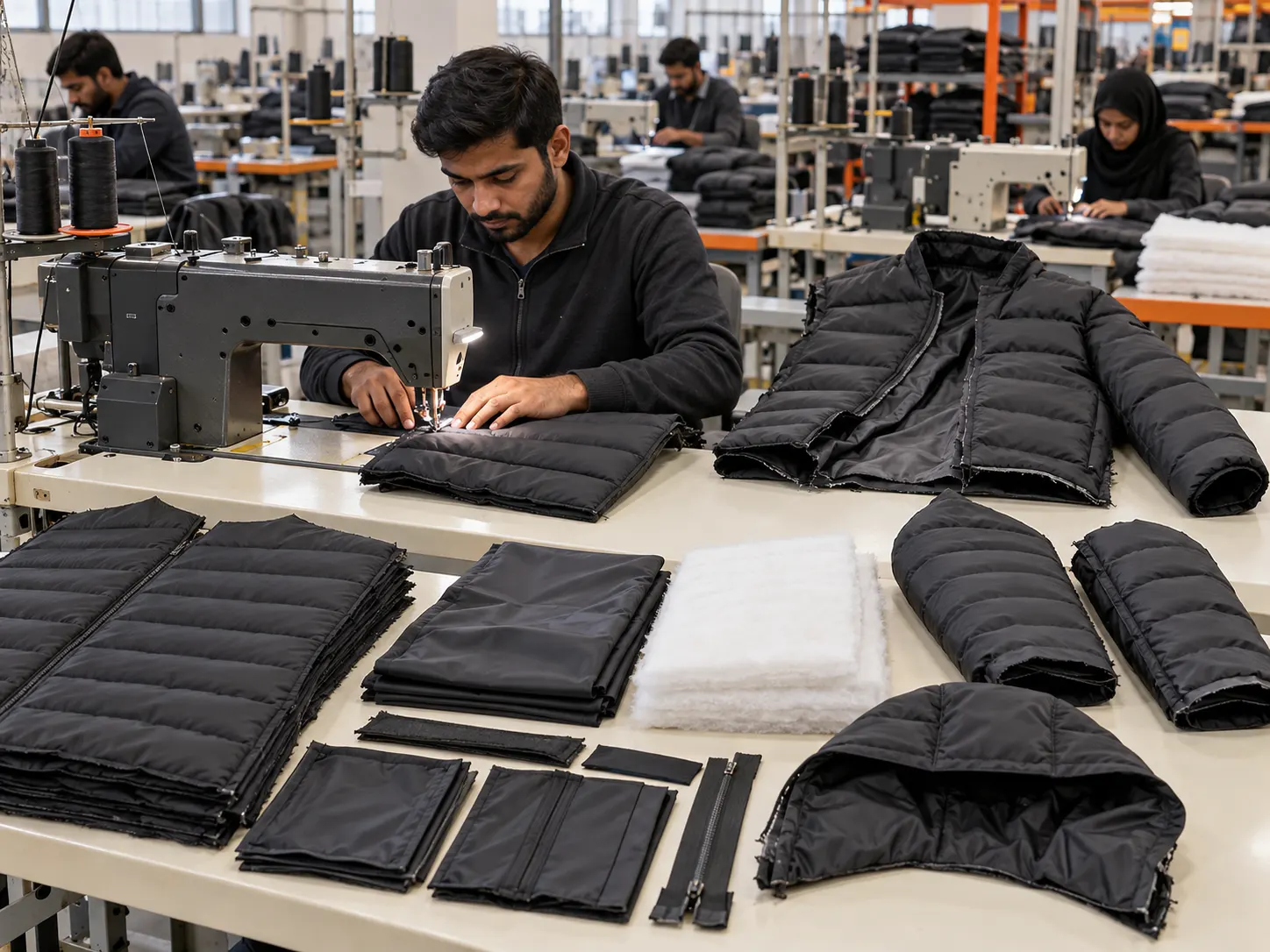 Custom puffer jacket quilting sewing and assembly in apparel manufacturing