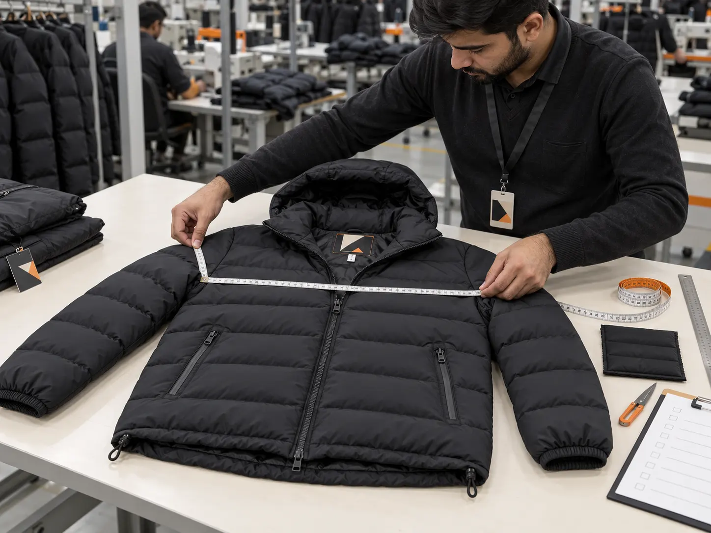 Quality control inspection of a custom insulated puffer jacket