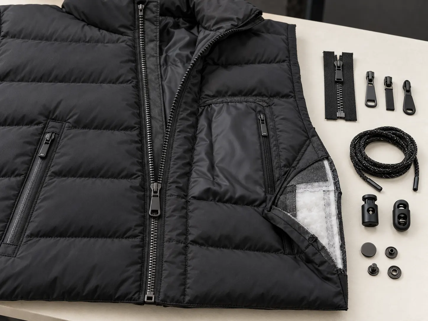 Front zipper pockets drawcords and hardware on a custom puffer jacket