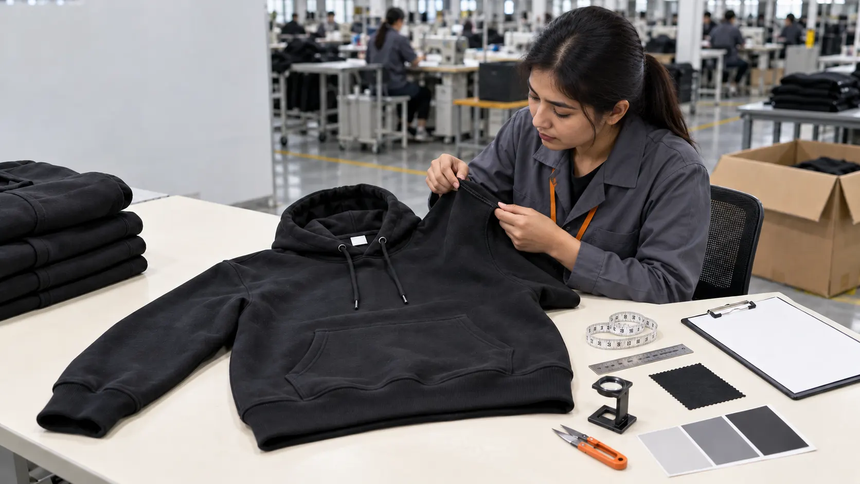 Pakistani apparel quality inspector checking a finished garment in a clothing manufacturing facility