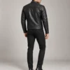 Black leather jacket with quilted shoulders back view