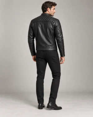 Black leather jacket with quilted shoulders back view