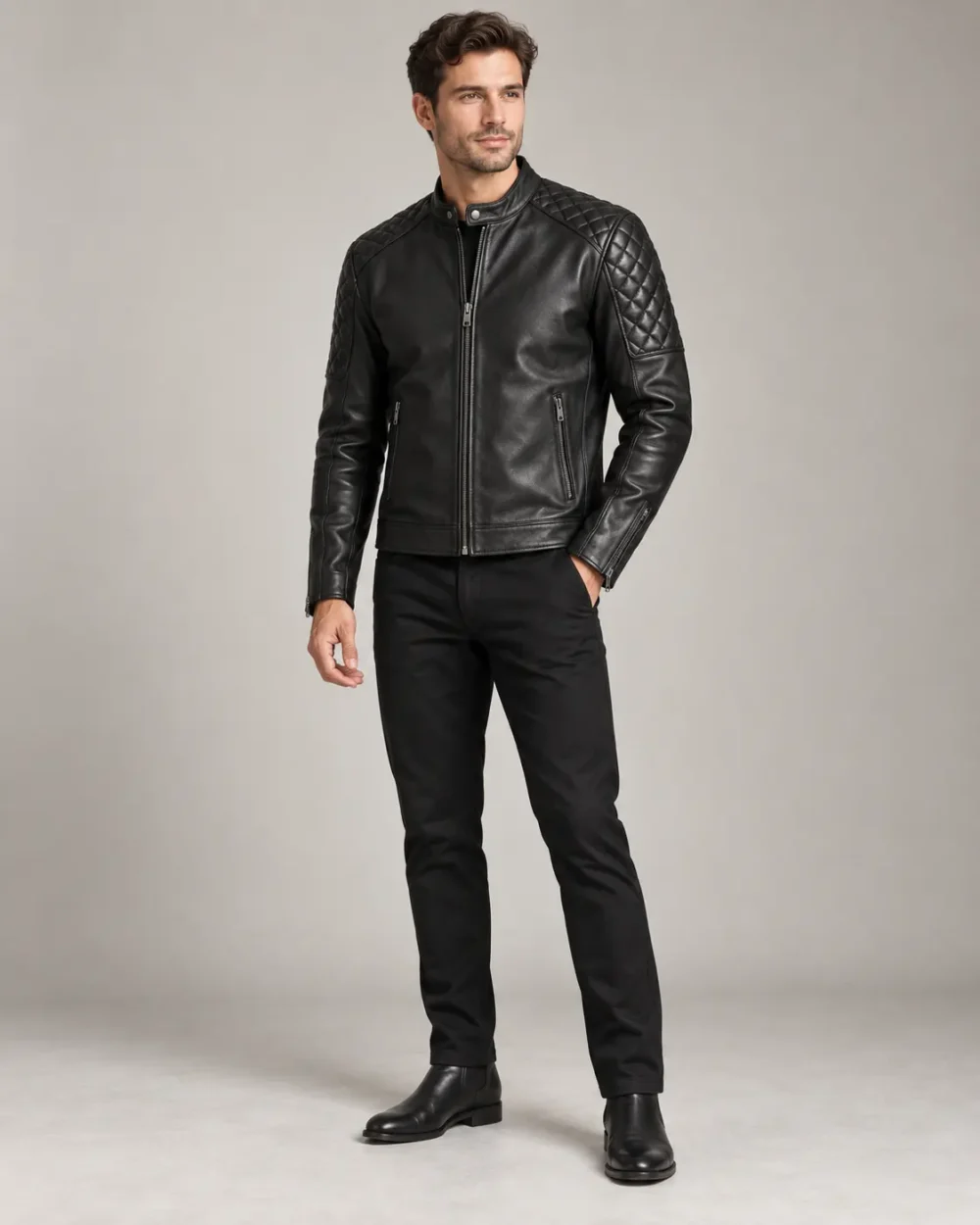 Black leather jacket with quilted shoulders front view