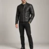 Black leather jacket with quilted shoulders front view