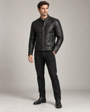 Black leather jacket with quilted shoulders front view