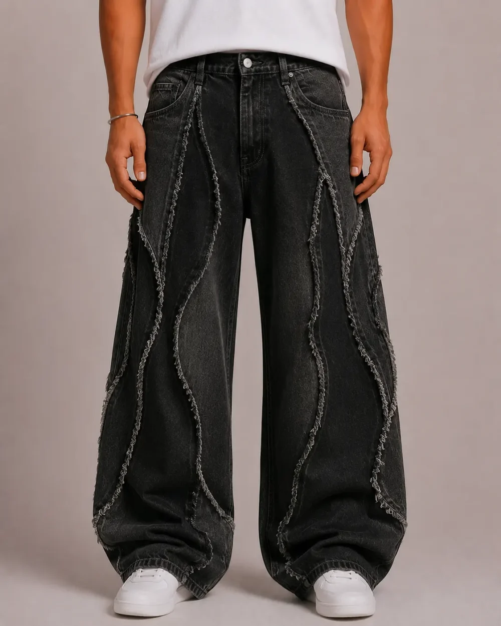 raw-edge-panel-jeans-front Raw edge panel jeans front view