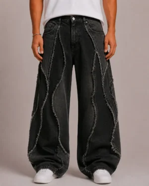 Raw edge panel jeans front view