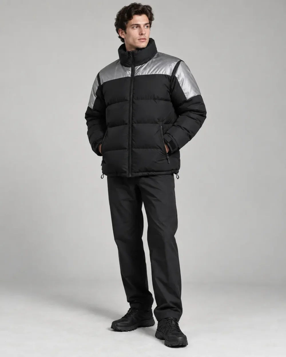 Reflective panel puffer jacket front view