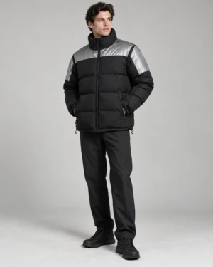 Reflective panel puffer jacket front view