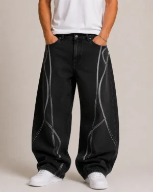 Reflective print denim jeans front view