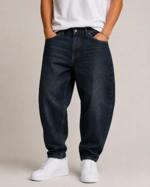 Relaxed tapered denim jeans front view