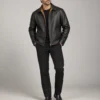 Reversible black leather jacket front view