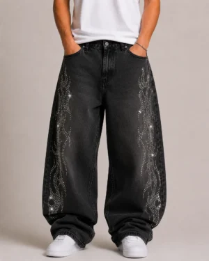 Custom rhinestone denim jeans front view