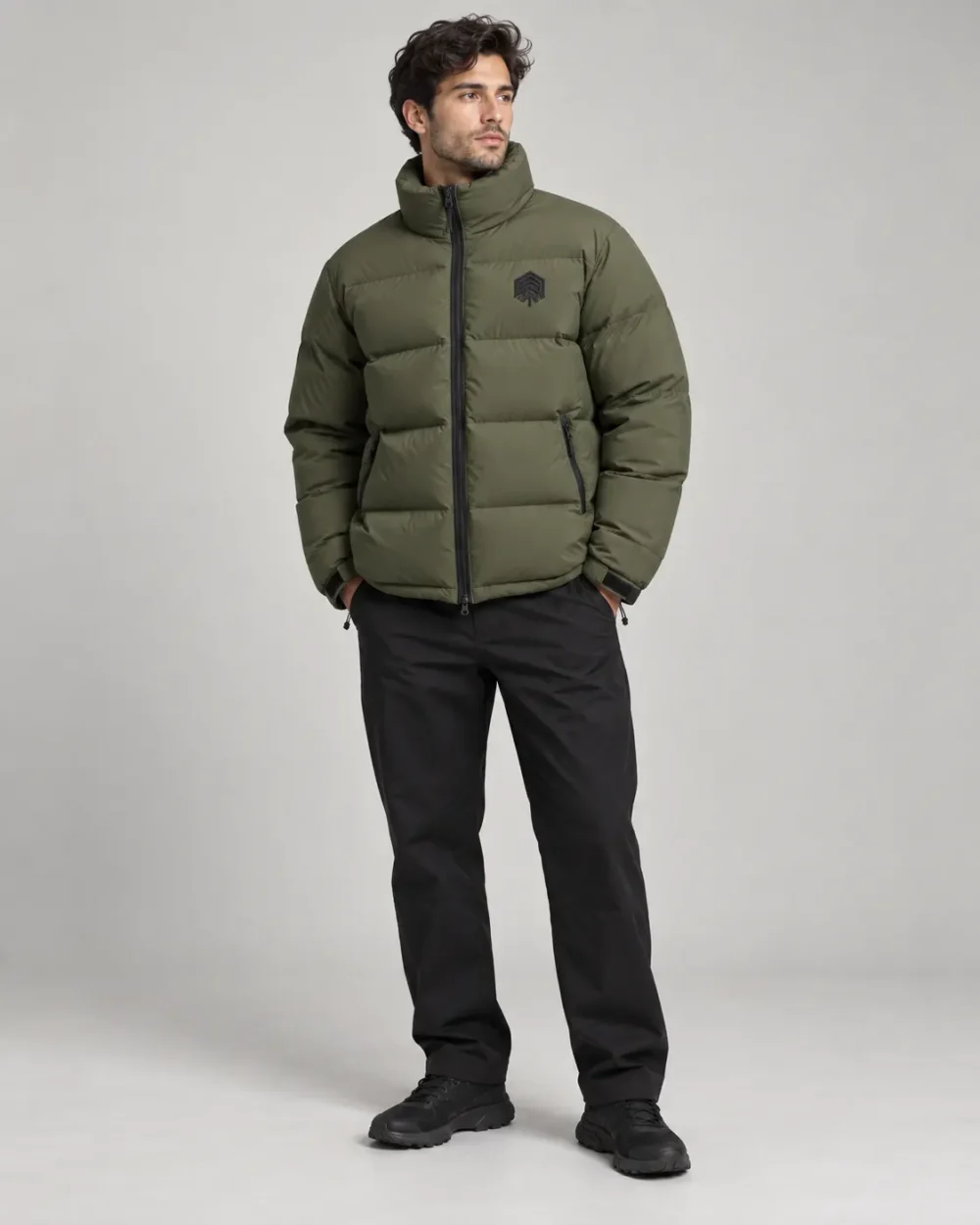 Custom rubber patch puffer jacket front view