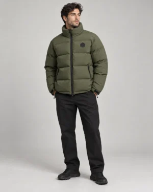 Custom rubber patch puffer jacket front view