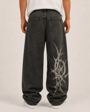 Screen printed denim jeans back view with custom graphics