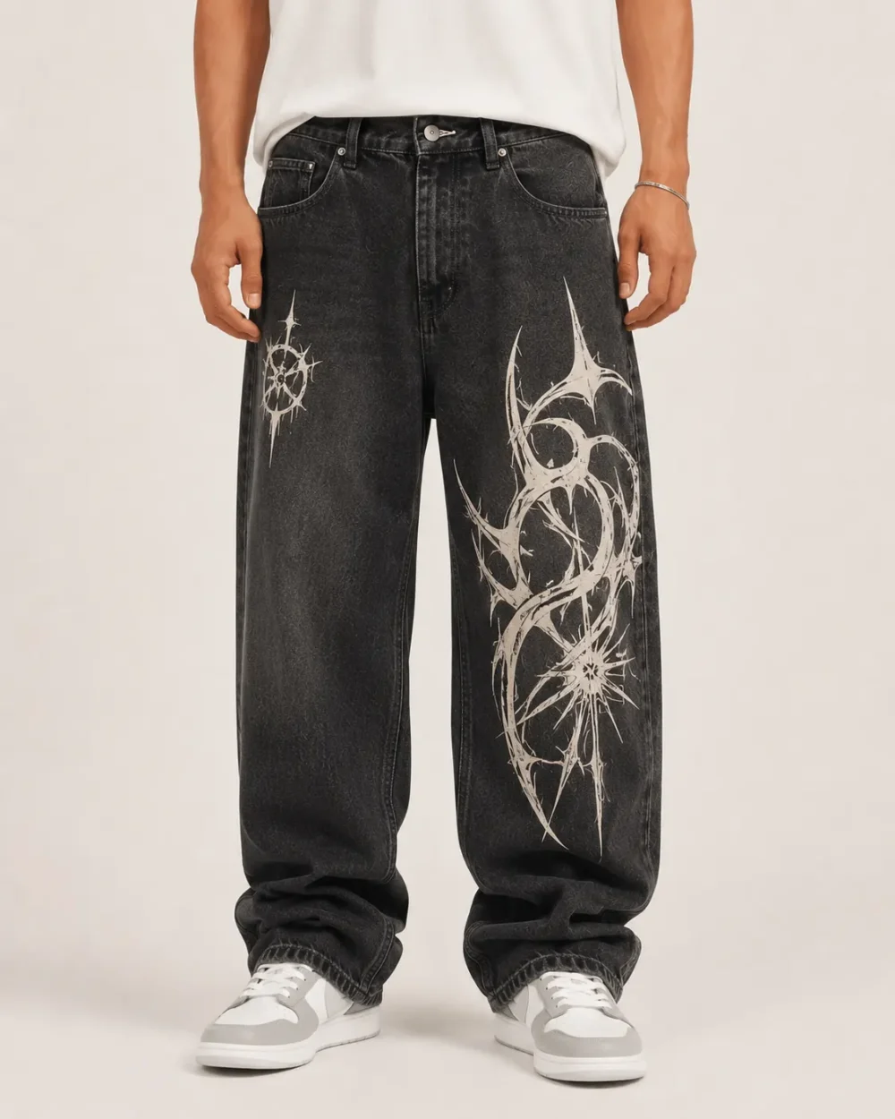 screen-printed-denim-jeans-front Screen printed denim jeans front view with graphic leg print