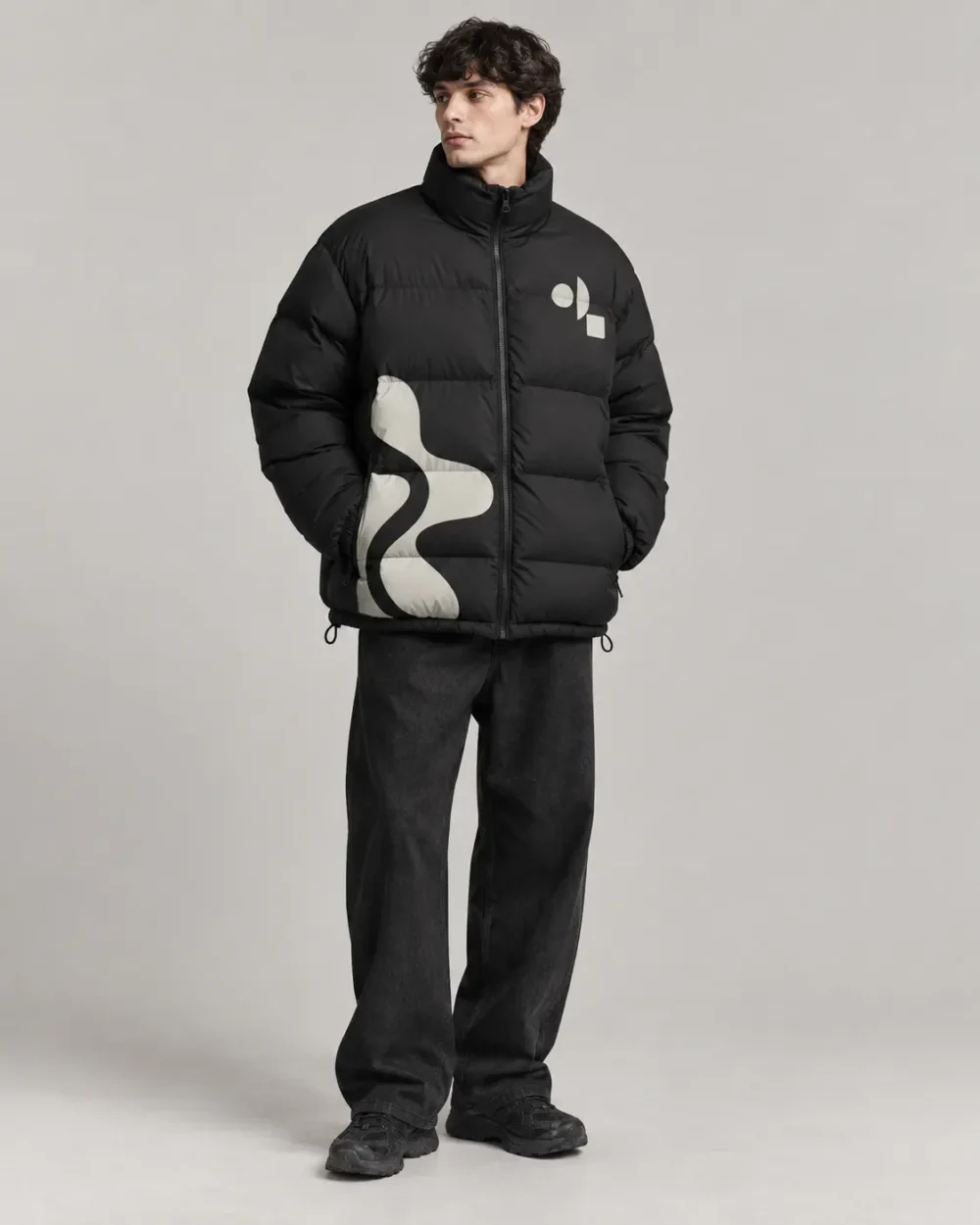 screen-printed-graphic-puffer-jacket-front Screen printed graphic puffer jacket front view