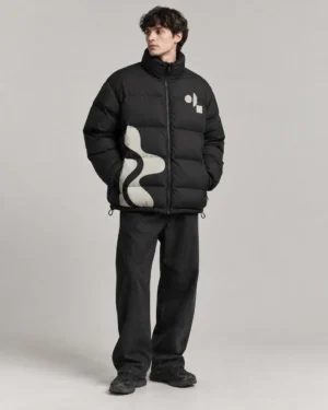 Screen printed graphic puffer jacket front view