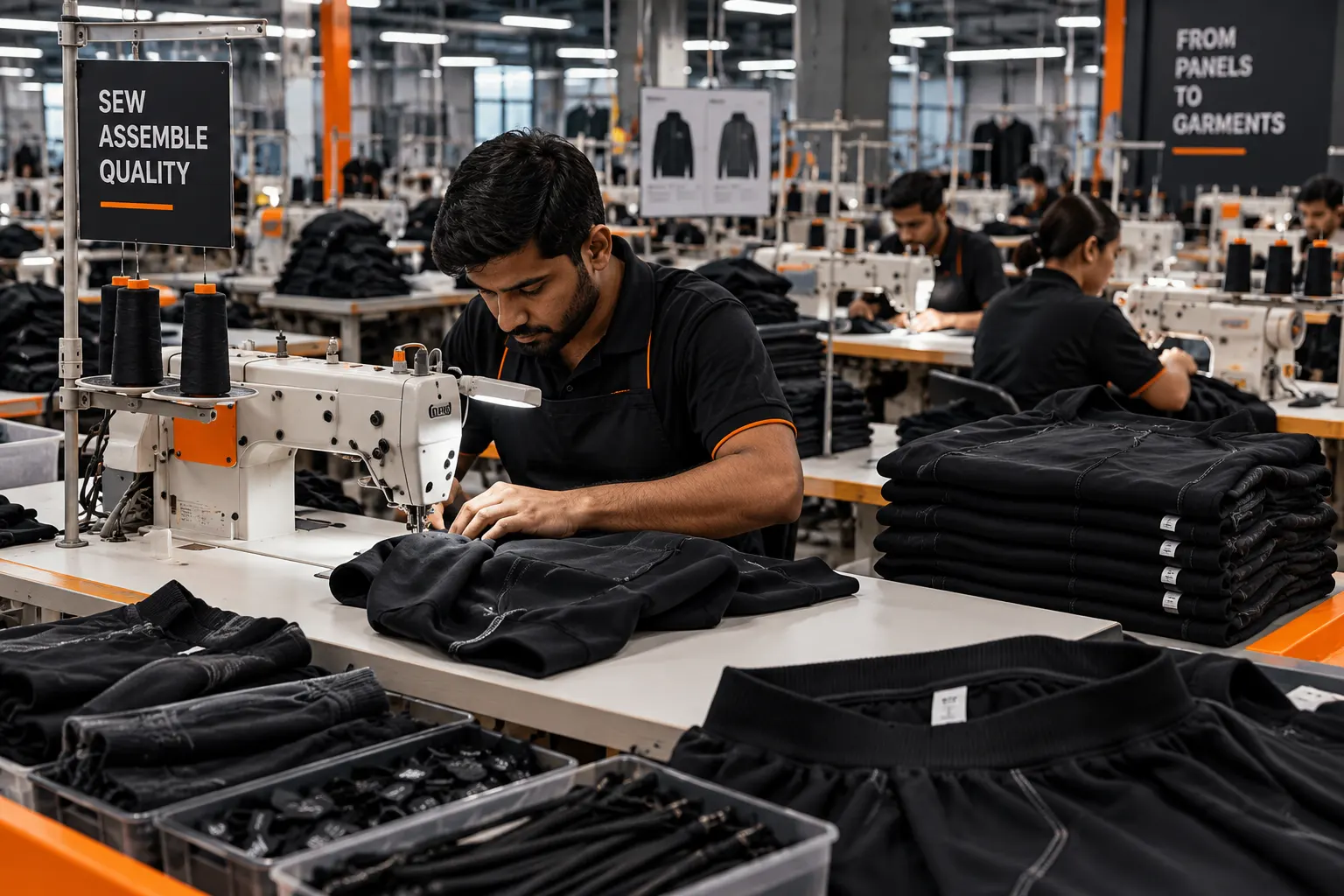 Industrial sewing and garment assembly during clothing manufacturing